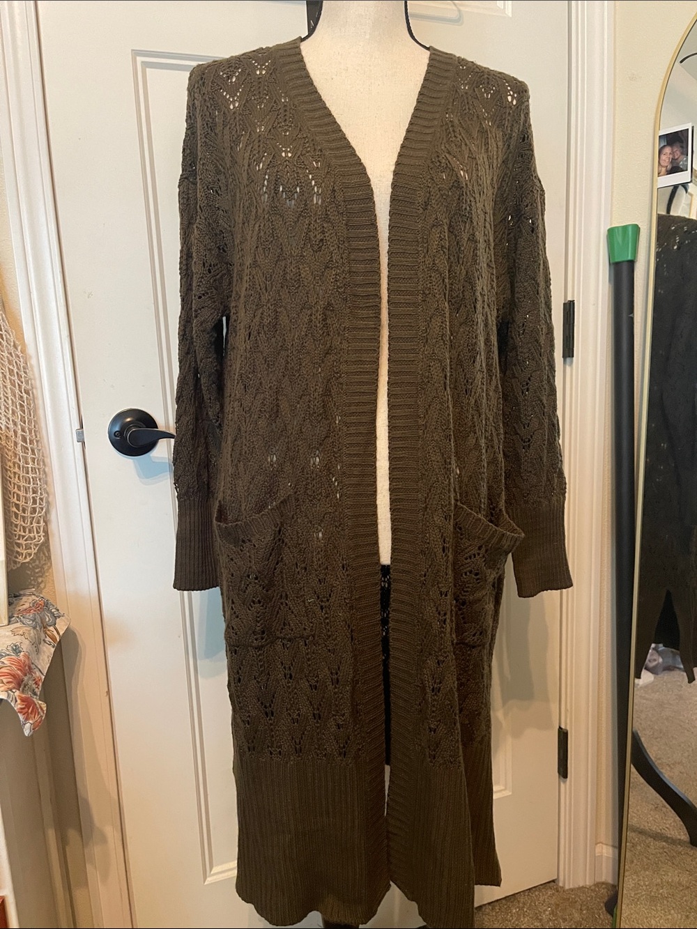 Pink Rose Long Open-Front Cable Knit Cardigan - Olive Green